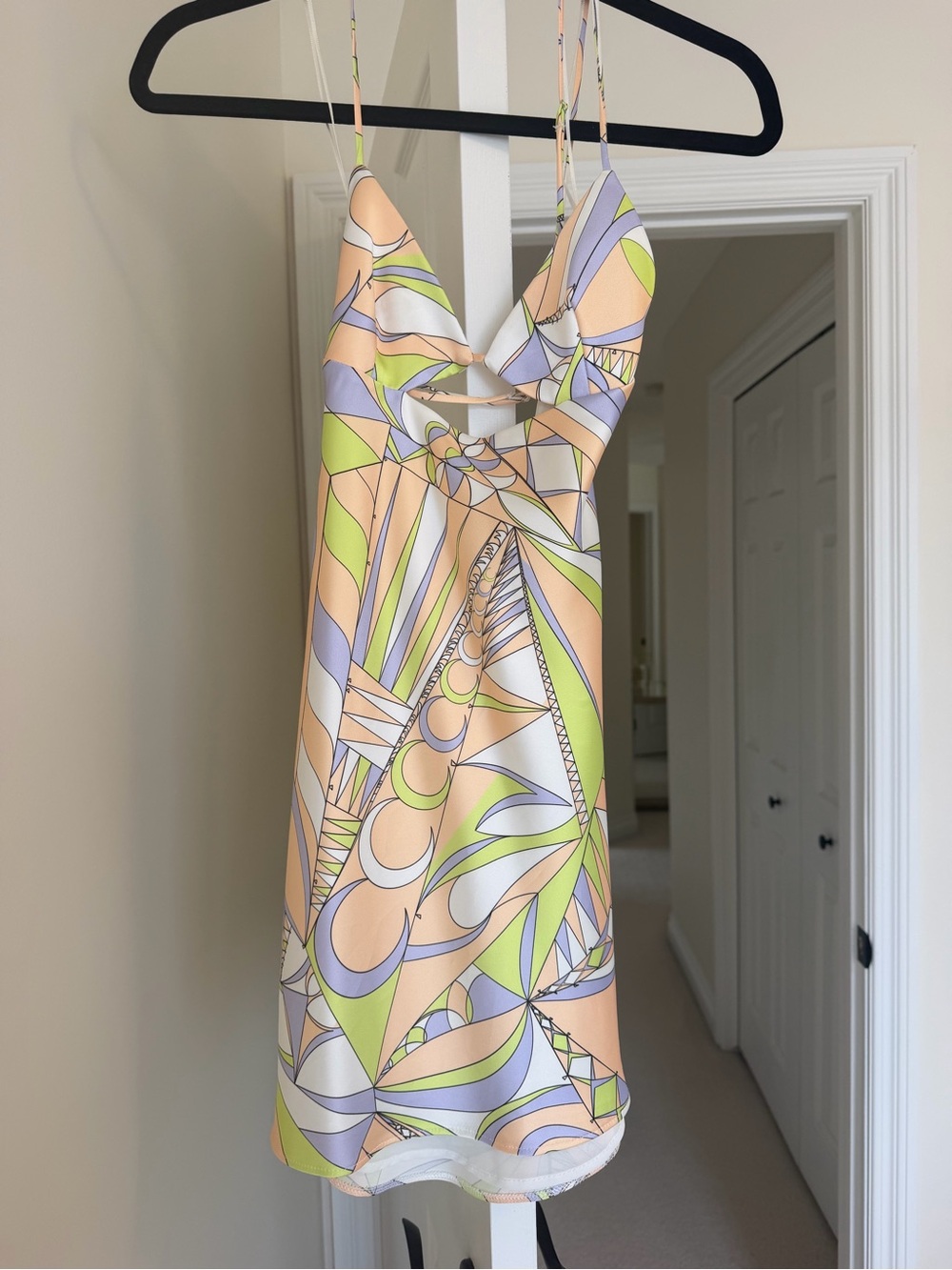 Zara Abstract Print Spaghetti-Strap Mini Dress in Peach, Light Green & Lavender